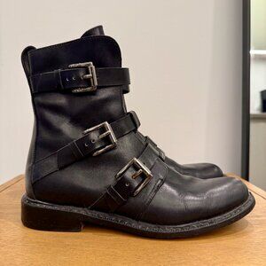 Rag&Bone 8.5 38.5 Hudson Black Leather Boots Combat Silver Buckles rag & bone